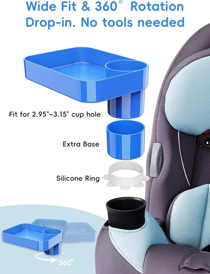 Car Seat Cup Holder Snack Tray for Kids, Reduces Mess, Detachable Large Base & Adjustable Ring, Carseat Tray for Toddler, Car Seat Food Tray Eating Table for Kids Travel Road Trip -Blue