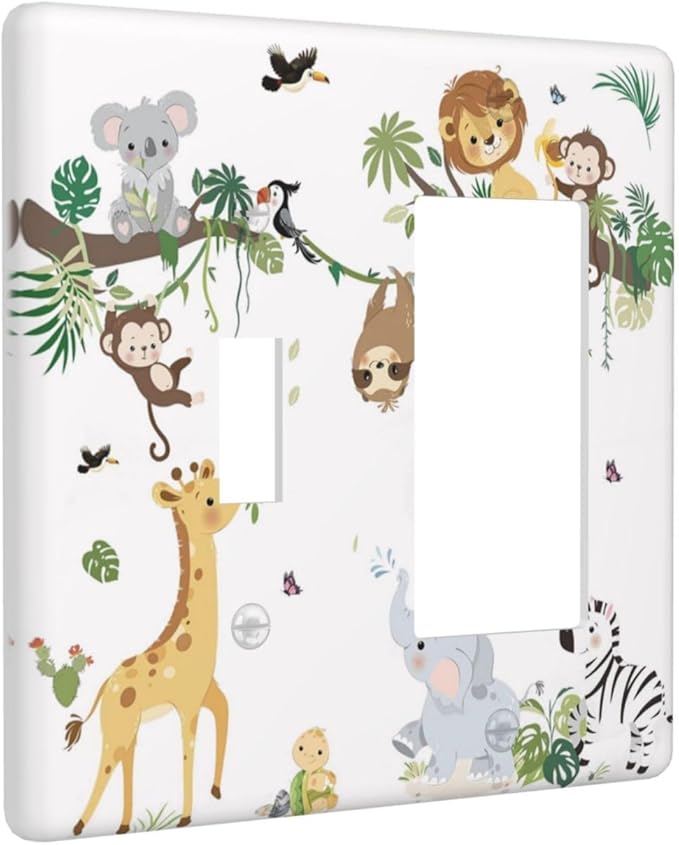 Jungle Animals Tree Branch Monkey Giraffe Lion Elephant Outlet Covers 1 Toggle 1 Rocker Combination Decorative Wall Plate Electrical Switch Plates Light Switch Cover Plate for Kids Room Nursery Decor