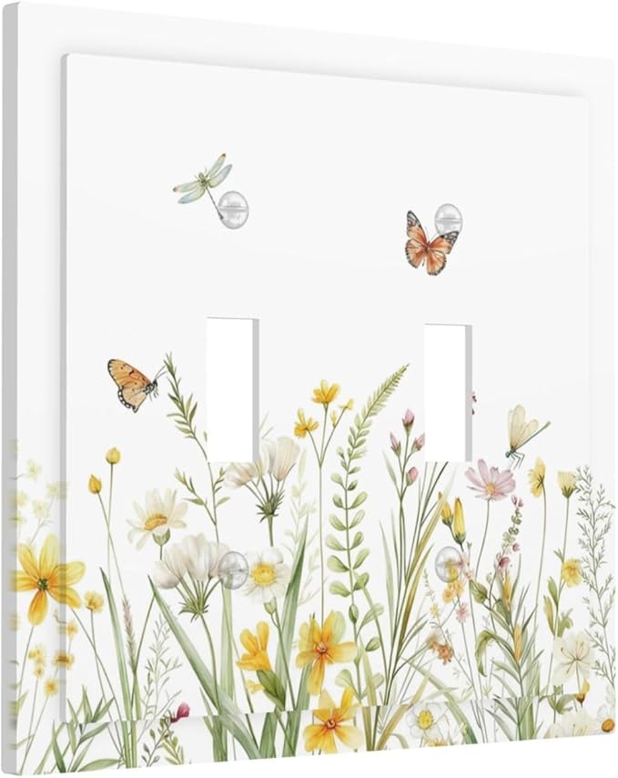 Colorful Wildflowers Dragonfly Butterfly Floral Decorative Switch Plates 2 Gang Double Toggle Outlet Light Switch Cover Wall Plate Electrical Faceplate for Bedroom Living Room Decor
