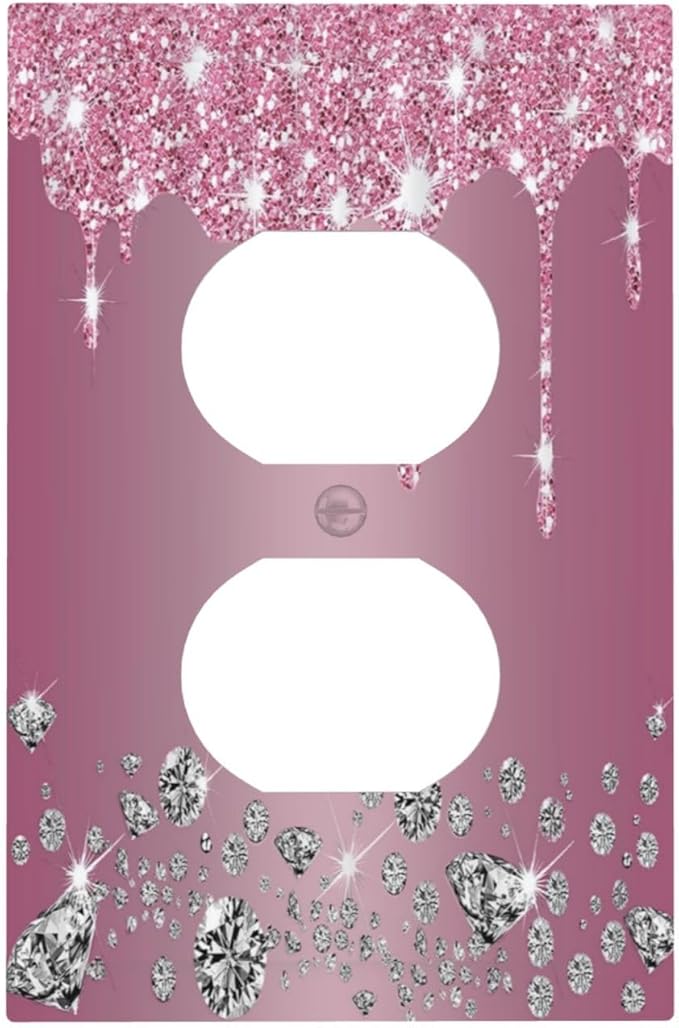 Sparkling Diamonds Pink Silver Glitter Drops Print 1 Gang Outlet Plate Decorative Single Duplex Wall Plate Covers Unique Electrical Receptacle Light Switch Cover Faceplate Switchplate for Bedroom