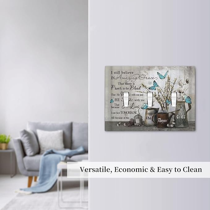 Blue Butterfly Rustic Flower Inspirational Quotes 3 Gang Light Switch Covers Triple Toggle Wall Plate Decorative Switchplate Electrical Faceplate for Farmhouse Country Bedroom Kitchen Decor