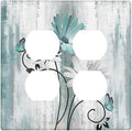 Teal Daisy Vintage Flower Butterfly Rustic Wood Print Outlet Covers 2 Gang Double Duplex Decorative Light Switch Covers Electrical Wallplates Socket Faceplate for Farmhouse Home Decor