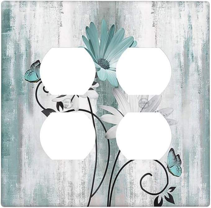 Teal Daisy Vintage Flower Butterfly Rustic Wood Print Outlet Covers 2 Gang Double Duplex Decorative Light Switch Covers Electrical Wallplates Socket Faceplate for Farmhouse Home Decor