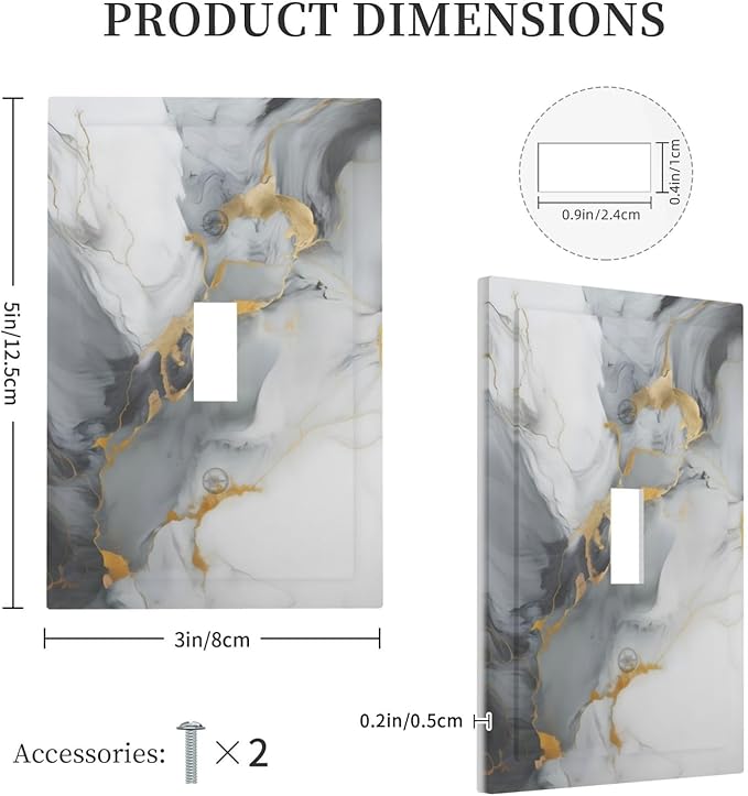 Gold Marble Grey Art Abstract Luxury Print Decorative Light Switch Cover 1 Gang Single Toggle Device Electrical Faceplate Switchplates Decorator Outlet Wall Plate for Kitchen Bathroom Decor