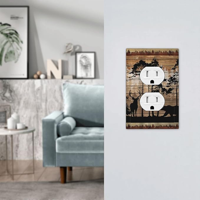 Rustic Forest Cabin Black Bear Deer Silhouettes Hunting Country Elk Wildlife 1 Gang Duplex Wall Plate Electrical Receptacle Outlet Cover Decorative Dual Device Mid Size Plug Light Switch Wallplate