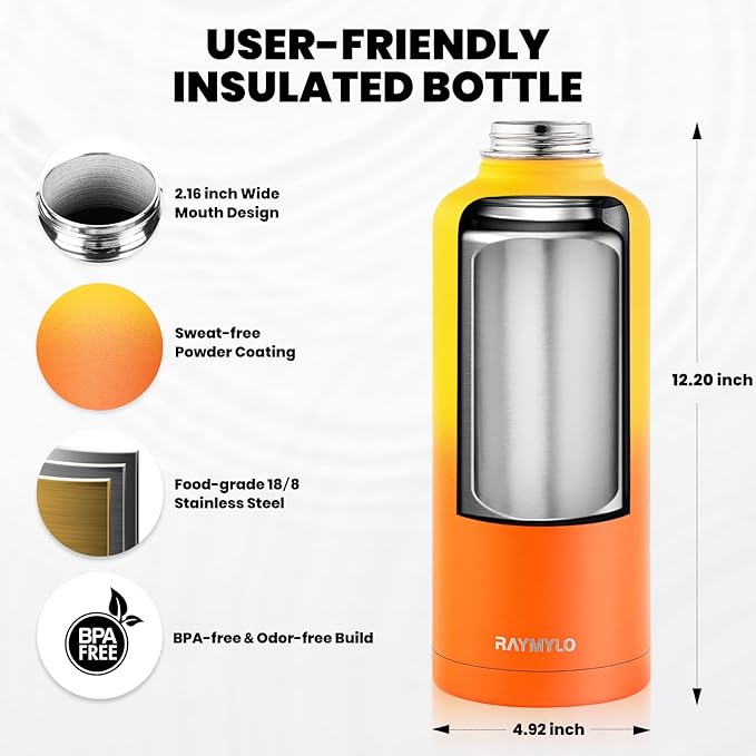 RAYMYLO Insulated Water Bottle 87 oz, Triple Wall Vacuum Stainless Steel (Cold for 48 Hrs), Leak Proof & Non-BPA, Modern Water Flask Jug with Paracord Handle & Straw Spout Lids, Ombre Orange