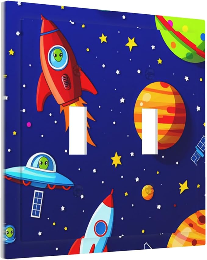 Planets, Rockets & Aliens Double Toggle Switch Cover - 2-Gang Standard US Size Astronaut Cosmic Adventure Light Switch Covers for Boy's Bedroom Decor