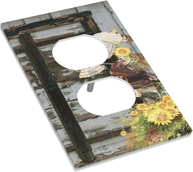 Vintage Brown Blue Old Wooden Door 1 Gang Duplex Outlet Covers Light Switch Cover Decorative Electrical Switchplate Antique Barn Door with Owls Sunflower Faceplate for Bathroom Bedroom Home Decor