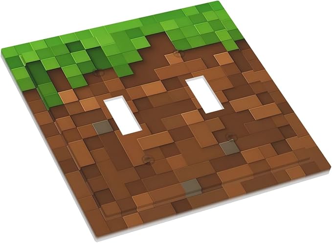 Pixel Style Gamer Themed Grass Block Decorative Switch Plates 2 Gang Double Toggle Outlet Light Switch Cover Wall Plate Electrical Faceplate for Kids Room Office Home Decor