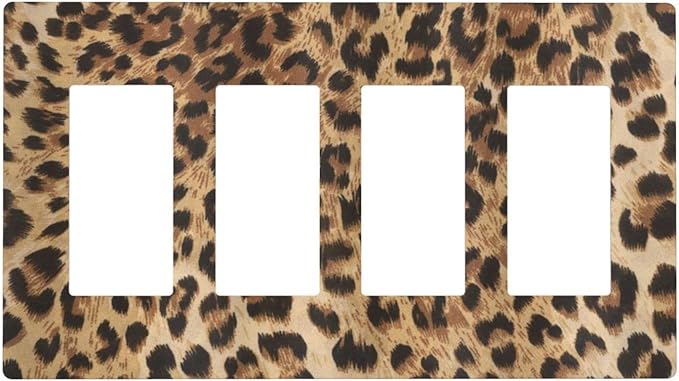 Classic Leopard Cheetah 4 Gang Quad Rocker/Decor Light Switch Cover Plate Decorative Electrical Faceplate For Girls Boys Home Bedroom Decorate Large Size 8.3" x 4.6