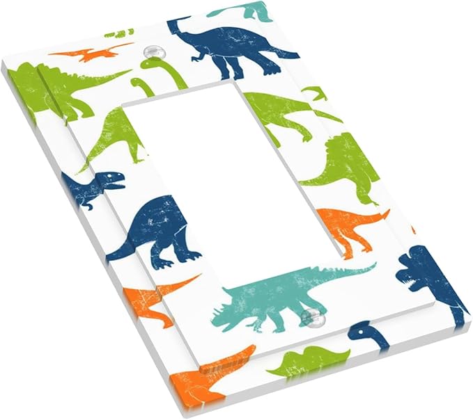 Colorful Dinosaur Single Rocker Switch Cover - 1-Gang Standard US Size Playful Dino Friends Light Switch Covers for Teen Boys Bedroom Playroom Decor
