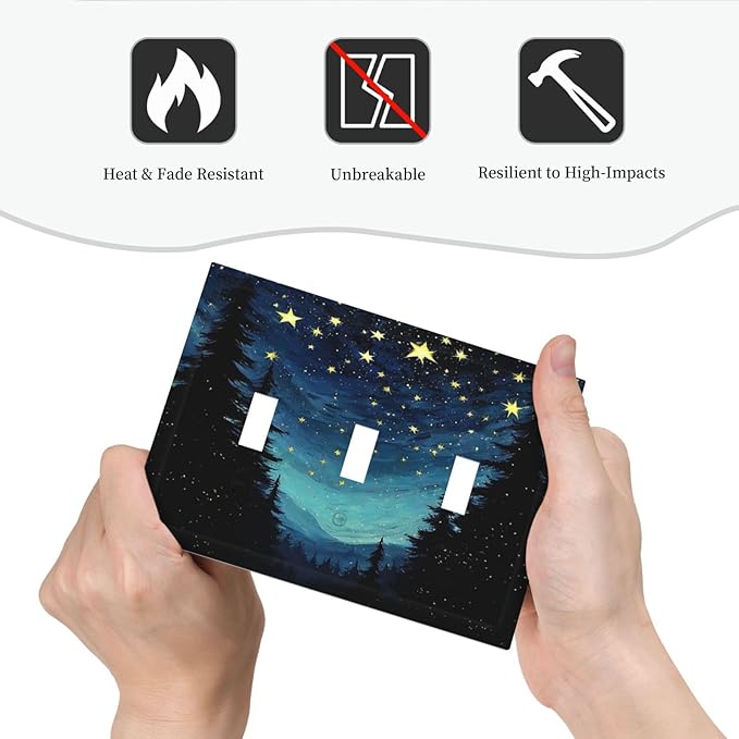 Decorative Switch Plates Blue Starry Sky Forest Painted Star Pine Tree Oil Painting 3 Gang Wall Plate Faceplate Triple Toggle Light Switch Cover Electrical Wall Panels for Bedroom Cabin