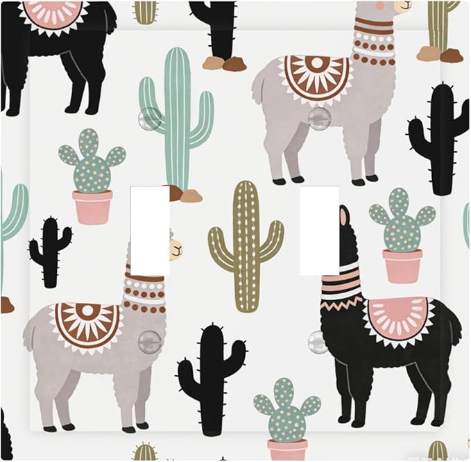 Playful Llamas & Cactuses Desert Pattern Double Toggle Switch Cover - 2-Gang Standard US Size Bohemian Desert Animals Light Switch Covers for Boys & Girls Bedroom Playroom Decor