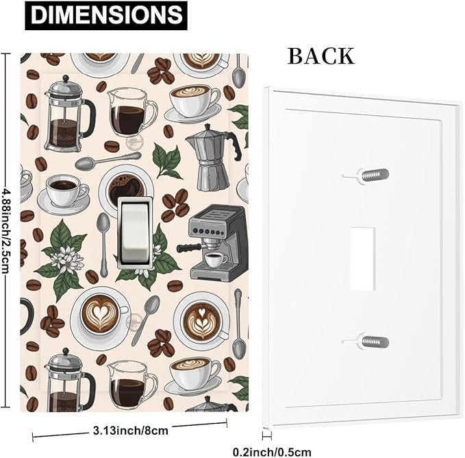 Whimsical Coffee Shop 1-Gang Toggle Light Switch Plate, Vintage Coffee Culture Espresso Decorative Wall Plate for Dining Room Decor