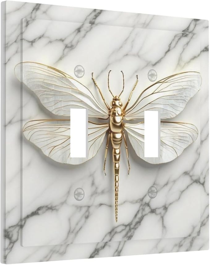 White Gold Marble Dragonfly Abstract Modern Decorative Switch Plates 2 Gang Double Toggle Outlet Light Switch Cover Wall Plate Electrical Faceplate for Bathroom Home Decor