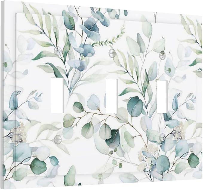 Watercolor Spring Eucalyptus Green Saga Leaves Nature Plant Botanical Decorative Three Device Decorator Outlet Light Switch Wall Plate Cover 3 Gang Jumbo Size Triple Toggle Receptacle Faceplate Cover