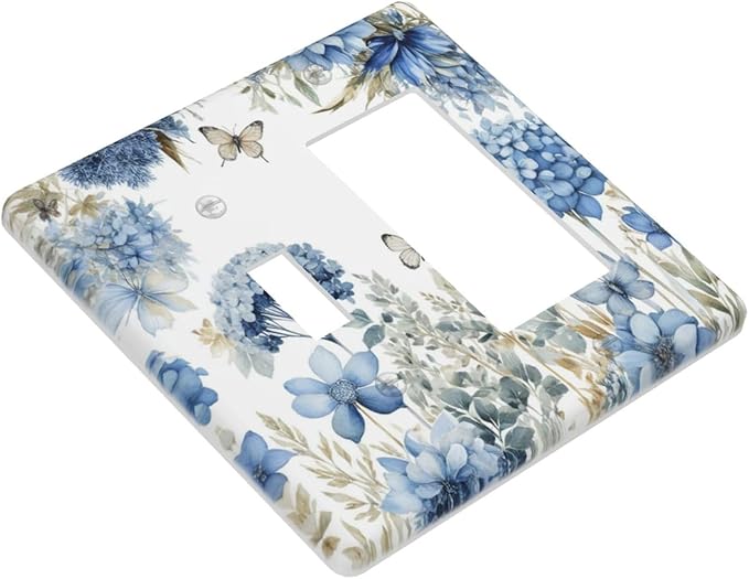 Decorative Outlet Covers Boho Blue Flowers Rustic Beige Butterfly Leaves 2 Gang 1 Gang Wall Plate Cover Single Toggle Rocker Combination Light Switch Plate Covers Jumbo Switch Cover