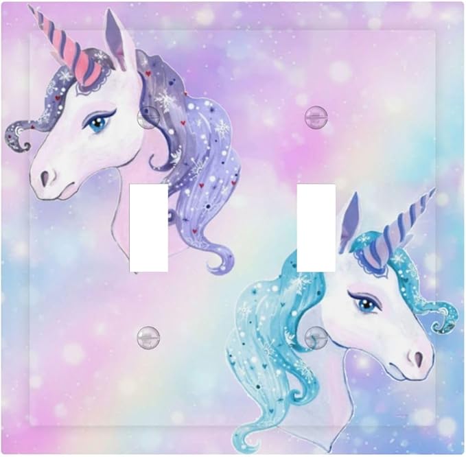 Cute Funny Cartoon Colorful Rainbow Purple/Blue Unicorn Double Toggle Wall Plate Lovely Kid Girl Fantasy Dream Animal Decorative 2-Gang Light Switch Cover Electrical Receptacle Outlet Face Plate Cover