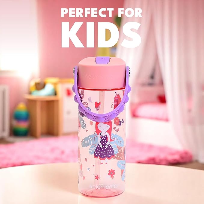 Elemental Water Bottles for Kids - Splash Kids Water Bottle for School with Pop-it Handle - BPA Free Tritan Plastic Water Bottle with Straw Leak Proof when Spout is Closed - Fairy Princess - 18oz