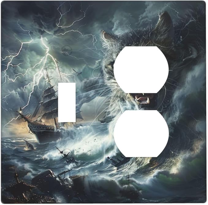 Light Switch Cover Plate funny Cat Stormy sea Lightning Sailboats 2 Gang Decorative Switch Plates 1 Toggle Duplex Combo Outlet Covers GFCI Wall Plates for Bathroom Kid Room Decor