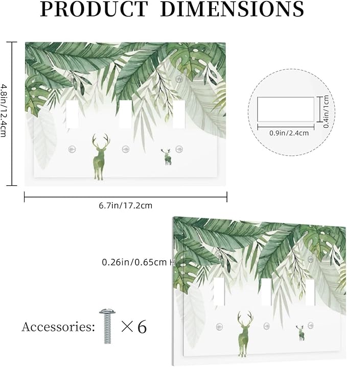 Deer Banana Leaves Palm Trees Green Plants Decorative Switch Plates 3 Gang Wall Plate Triple Toggle Light Switch Cover Faceplate Electrical Wall Panels for Bed Room Living Room Decor
