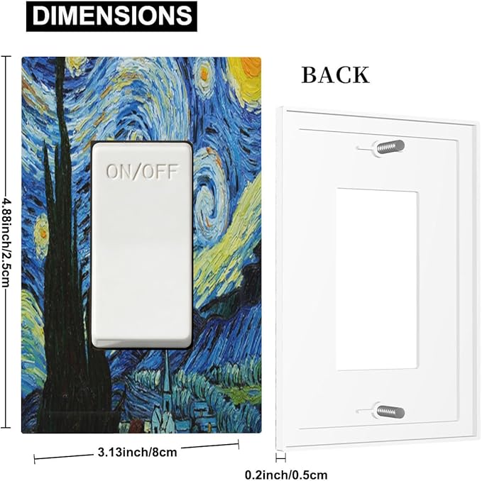 Van Gogh The Starry Night Single Rocker Switch Cover - 1-Gang Standard US Size Post-Impressionist Masterpiece Light Switch Covers, Swirling Night Sky for Living Room Decor