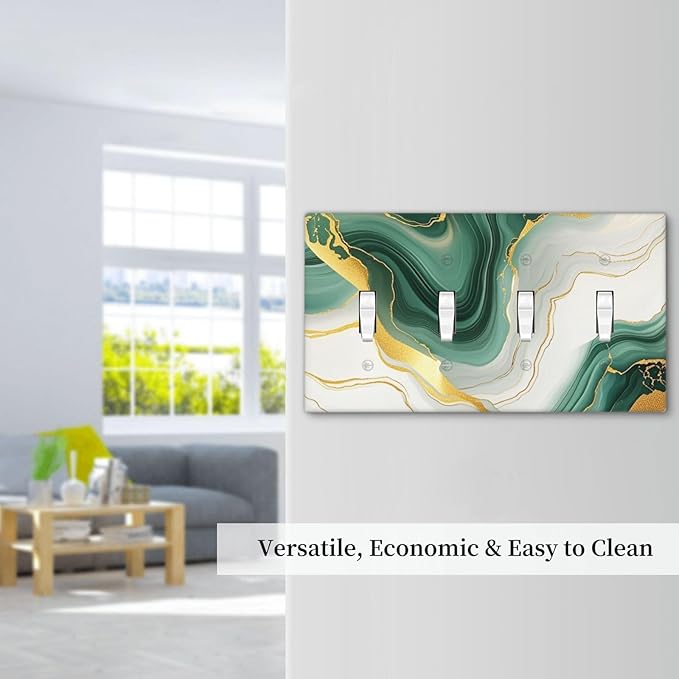 Light Switch Covers Turquoise Marble Texture Golden Lines Quad Toggle Electrical Faceplate 4 Gang Wall Plate Decorative Switch Plates For Bed Room Bathroom Decor