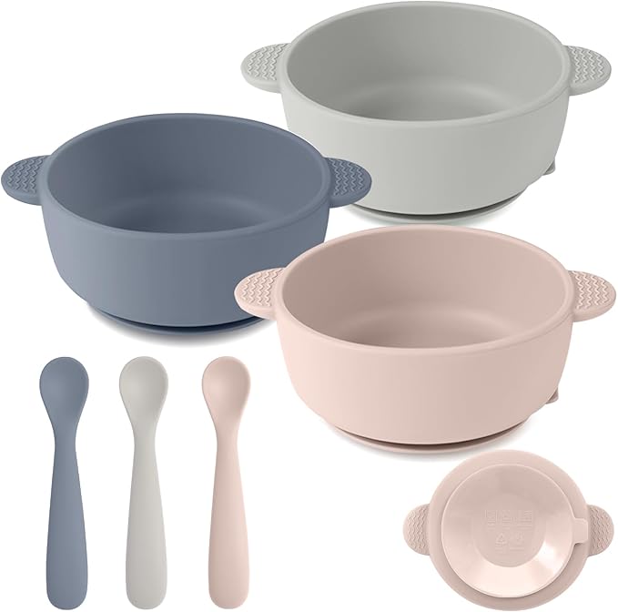 Eascrozn Silicone Baby Feeding Set, 3 Pack Baby Bowls with Suction and 3 Pack Baby Spoons for Babies Toddlers Kids, BPA Free, Baby Utensils Feeding Supplies, Microwave and Dishwasher Safe