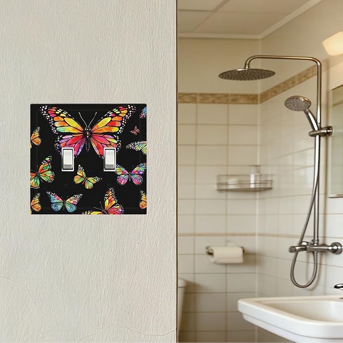 Vibrant Rainbow Butterflies on Black Double Toggle Switch Cover - 2-Gang Standard US Size Enchanted Garden Butterfly Light Switch Covers for Bedroom Decor