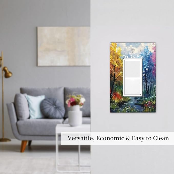 Colorful Forest Snow Mountain River Oil Painting Style Decorative Outlet Covers 1 Gang Single Rocker Light Switch Cover Plate Wall Plates GFCI Faceplate for Bedroom Living Room Decor