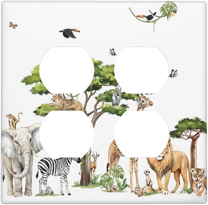 Large Animals Elephant Giraffe Jungle Lion Leopard Zebra Outlet Covers 2 Gang Double Duplex Decorative Light Switch Covers Electrical Wallplates Socket Faceplate for Kids Room Nursery Decor