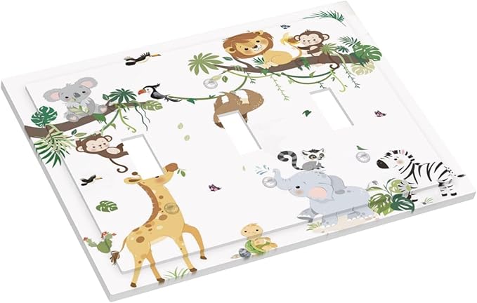 Jungle Animals Tree Branch Monkey Giraffe Lion Elephant Decorative Switch Plates 3 Gang Wall Plate Triple Toggle Light Switch Cover Faceplate Electrical Wall Panels for Kids Room Nursery Decor