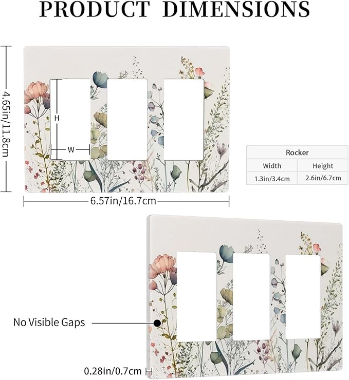 Decorative Flowered Art Triple Decorator Outlet Light Switch Cover 3 Gang Tan/Beige Butterfly Floral, Watercolor Blossom Spring Wild flower GFCI/Rocker Wallplate Electric Switchplate Dimmer Screwless
