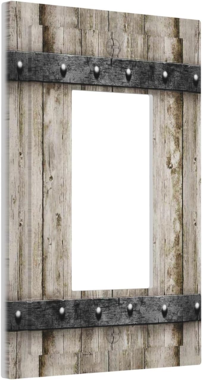 1 Gang Single GFCI/Decorator Rocker Outlet Light Switch Wall Plate Cover Vintage Rustic Western Metal Country Farmhouse Barn Cabin Garage Wood Door Decorative One Device Electrical Faceplate Dimmer