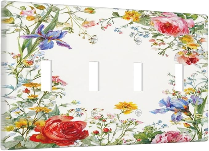 Decorative Light Switch Cover Plate Rustic Red Flower Garden Floral 4 Gang Wall Plates for Electrical Outlets Quad Toggle Switch Plate Covers Outlet Covers Faceplate for Country Home Decor