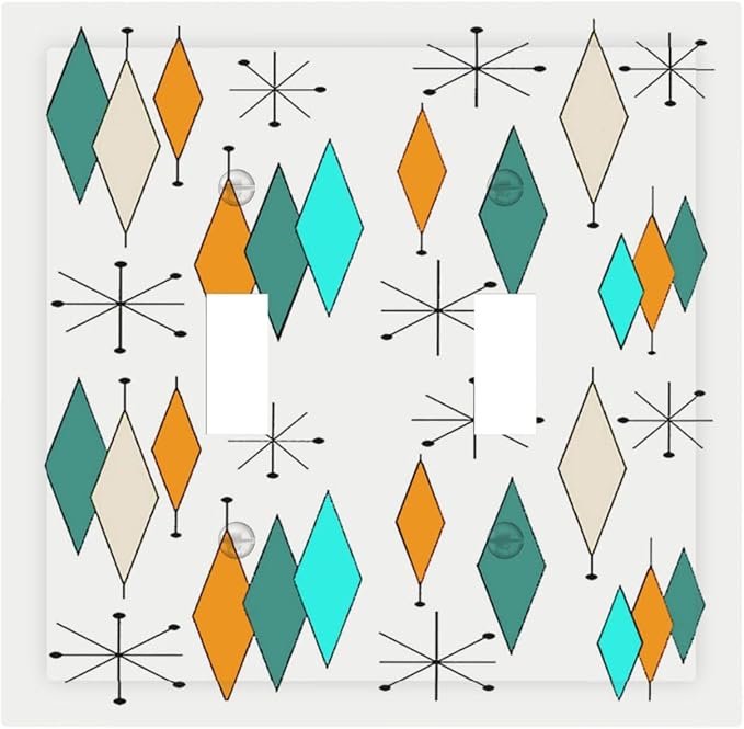 70s 60S Abstract Boho Geometric Light Switch Plate Cover 2-Gang Mid Century Blue/Green/Teal Retro Art Stars Atomic Double Toggle Wall Plate Decorative Dual Device Outlet Wallplate Faceplate Cover