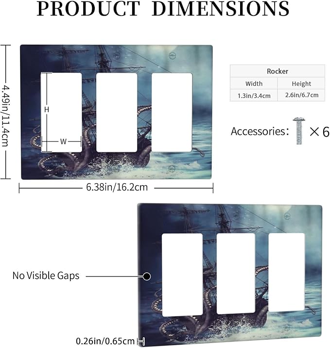 Octopus Ocean Kraken Nautical Pirate Ship 3 Gang Rocker Light Switch Covers Decorative Unique Triple Outlet Wall Plate Cover Faceplate Decorative Switchplate GFCI for Kitchen Bedroom Decor