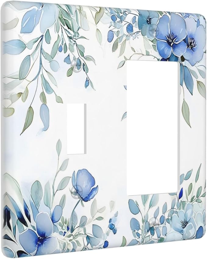 Watercolor Blue Flower Plant Floral Green Leaves Outlet Covers 1 Toggle 1 Rocker Combination Decorative Wall Plate Electrical Switch Plates Light Switch Cover Plate for Bedroom Living Room Decor