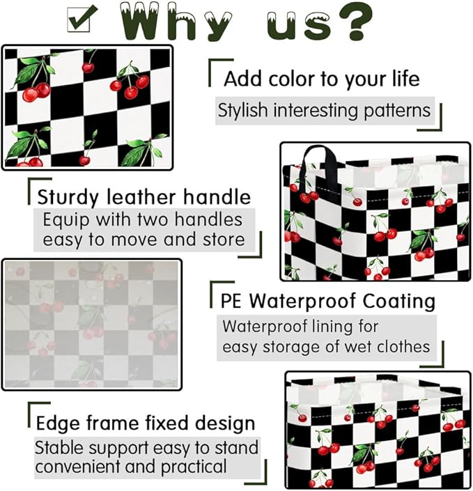 Rectangular Cherry baskets,Racing flag basket,Kids Storage Bins,Waterproof Collapsible Storage Bin,Toy Storage Bin,Cute Organizer Box,Book baskets,Girl room Decor(Cherry)