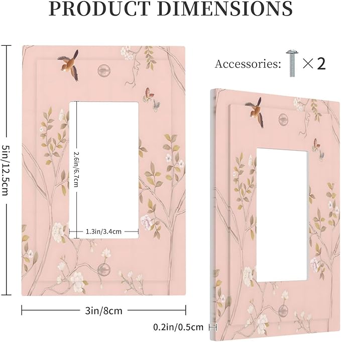 Pink Background Flowers Bird Butterflies Floral Decorative Outlet Covers 1 Gang Single Rocker Light Switch Cover Plate Wall Plates GFCI Faceplate for Bedroom Living Room Decor