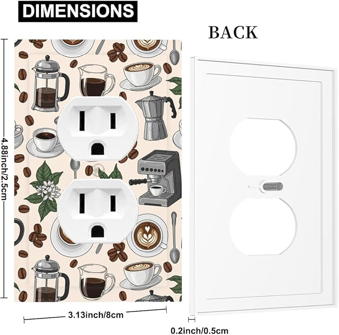 Whimsical Coffee Shop Duplex Wall Plate - 1-Gang Standard US Size Vintage Coffee Pattern Outlet Covers, Café Culture Espresso for Dining Room Decor