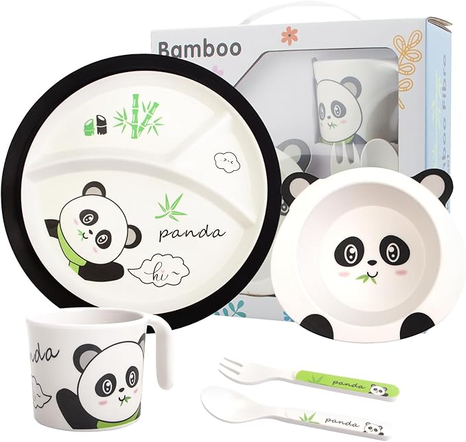 Bamboo Toddler Dinnerware Set,5Pcs Baby Plates and Bowls,Kids Dinnerware Set,Bamboo Kids Plates and Bowls Set,Christmas Kids Dishes Dinnerware Sets with Plate,Bowl,Cup,Fork and Spoon (Panda)