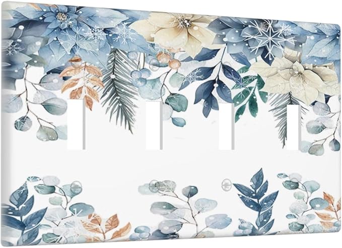 Blue Vine Snowflake Plants Leaves Floral Flowers Light Switch Covers Quad Toggle Electrical Faceplate 4 Gang Wall Plate Decorative Switch Plates for Bedroom Living Room Decor
