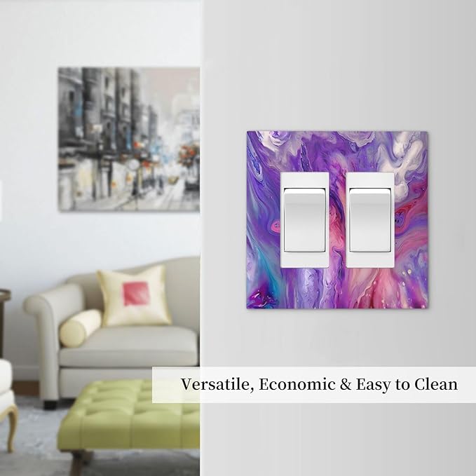 Liquid Marble Modern Abstract Texture Abstract Purple Paint Wall Art Decorative Outlet Covers 2 Gang Double Gfci Rocker Electrical Wall Panels Light Switch Cover Plate for Office Living Room