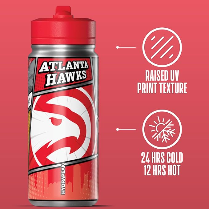 Hydrapeak x NBA Atlanta Hawks 20 oz Stainless Steel Water Bottle, Officially Licensed Double Wall Insulated Sports Bottle with Straw Lid, Reusable Leakproof Gift for Kids & Adults