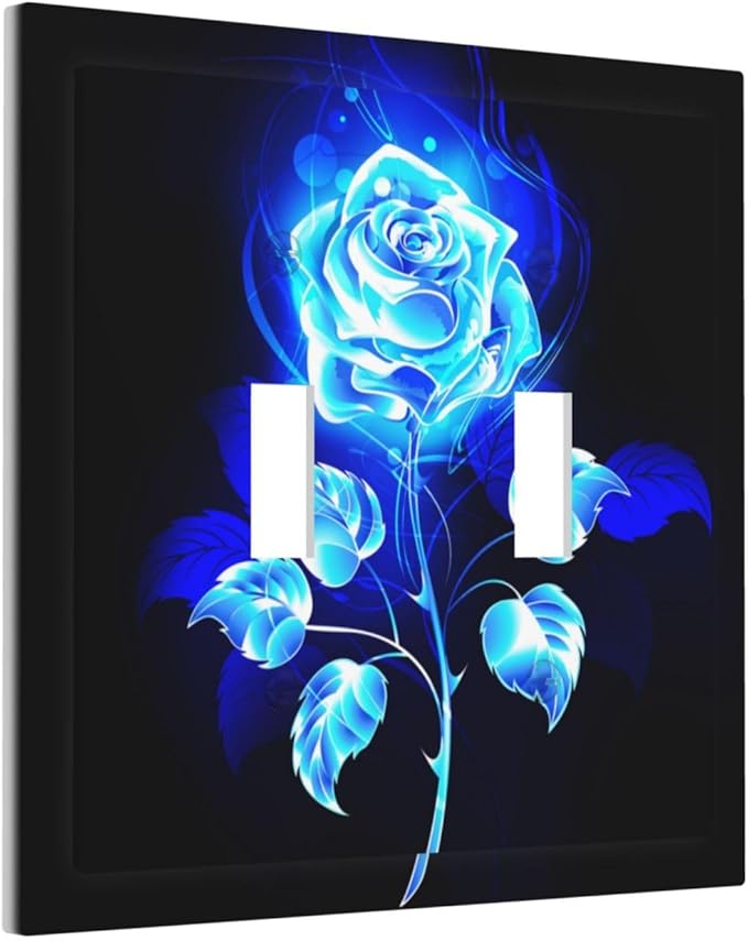 Blue Golden Rose Flower 2 Gang Double Toggle Light Switch Cover Electric Wall Plate Electrical Faceplate for Bathroom Home Living Room Jumbo Size Decor