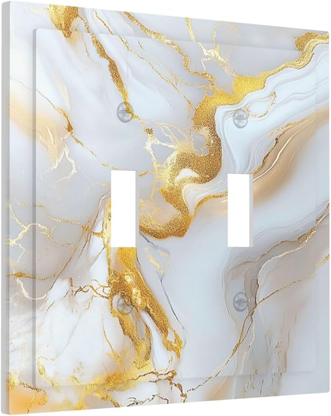 Decorative Switch Plate Cover Abstract Gold Marble Design with White & Gold 2 Gang Wall Plate Unique Double Toggle Double Light Switch Covers for Modern Luxurious Decor