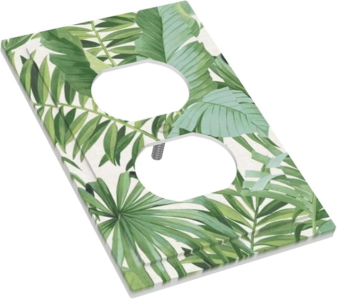 Palm Tree Leaves 1 Gang Duplex Receptacle Outlet Cover Green Tropical Monstera Banana Plant Leaf Electrical Wall Plate Summer Hawaiian Style One Gang Dual Device Light Switch Faceplate Socket Cover