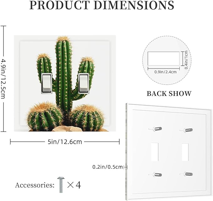 Boho Cactus Garden Double Toggle Switch Cover - 2-Gang Standard US Size Minimalist Desert Landscape Design Light Switch Covers for Bedroom Bathroom Living Room Decor