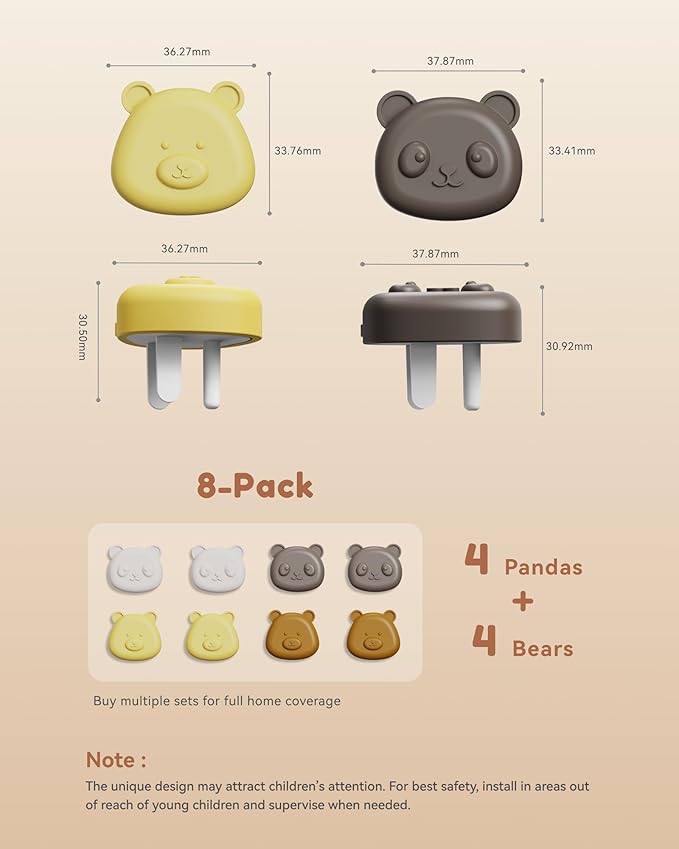 MiaoLab Cute Animal Baby Proofing Outlet Covers, 8 Pack Silicone + V0 PC Plug Protectors, BPA-Free Non-Toxic Child Safety Socket Caps for US Type B 3-Prong Electrical Outlets, Fire-Retardant Design